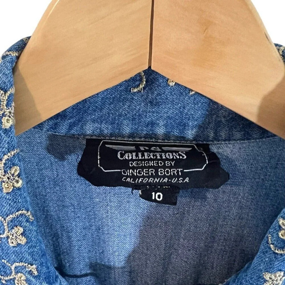 PG Collections Vintage Denim Button Down Dress 10 Metallic Embroidered Collar - Picture 10 of 10